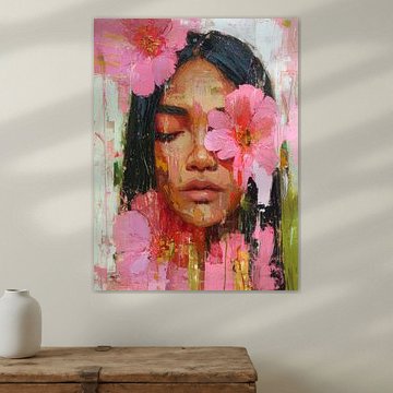 Portrait expressif avec des fleurs roses