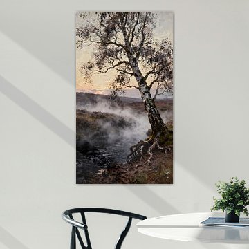 Berkenboom in de ochtendmist van Kristin M