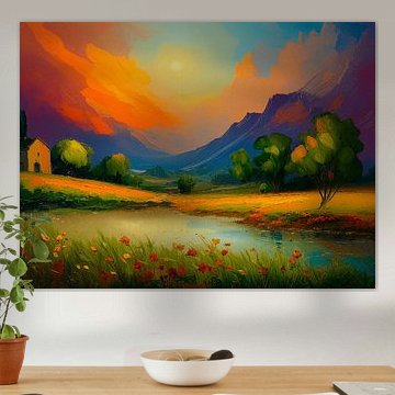 Stimmungsvolle Berglandschaft bei Sonnenuntergang mit Blumenfeld