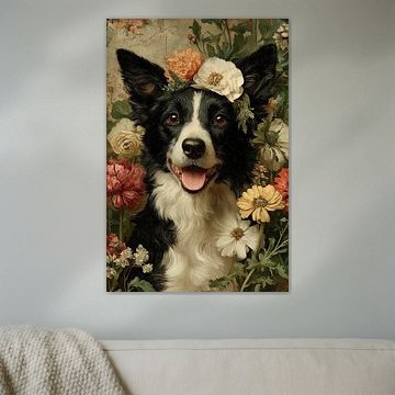 Border Collie met bloemenkrans in de tuin