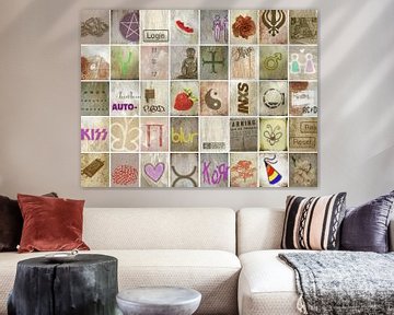 Collage met symbolen, tekst en krabbels van Rietje Bulthuis