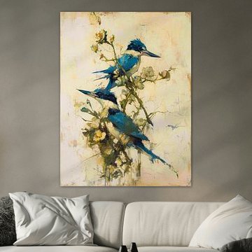 Gemälde: Eisvögel auf einem blühenden Ast