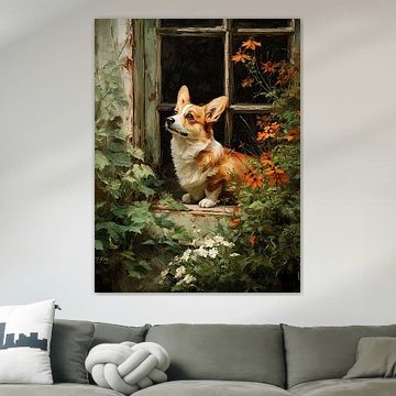 Corgi in de tuin bij het raam met bloemen