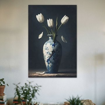 Gebroken vaas met witte tulpen