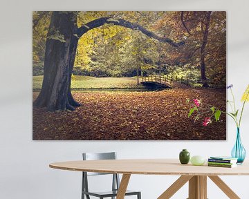 Herbstwald mit dunklem Baumstamm und Holzbrücke. von André Scherpenberg