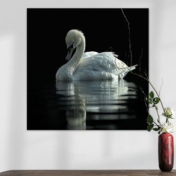 Ein eleganter weißer Schwan, der auf dunklem Wasser schwimmt