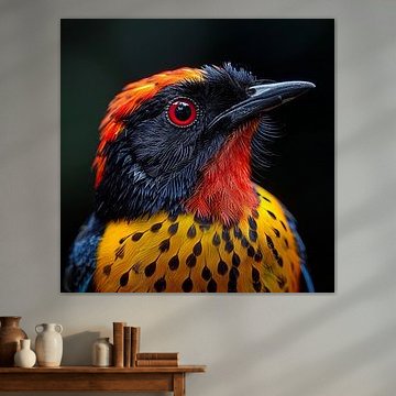 Exotischer Vogel mit farbenprächtigem Gefieder und roten Augen
