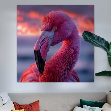 Portrait d'un flamant rose sur fond de ciel coloré au coucher du soleil