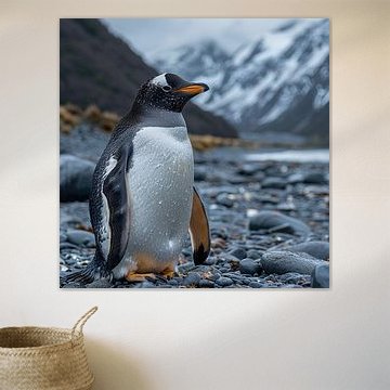 Un manchot de Gentoo debout sur un rivage rocheux