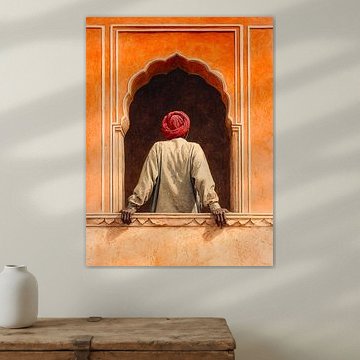 Mann mit rotem Turban vor einem eleganten Fenster
