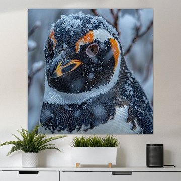 Portrait en gros plan d'un pingouin sous la neige