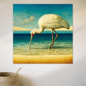 Löffler am Strand | Warme Küstenkunst für eine sommerliche Wand von KRAB