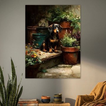 Dackel im Blumentopf-Garten von Erika Kaisersot