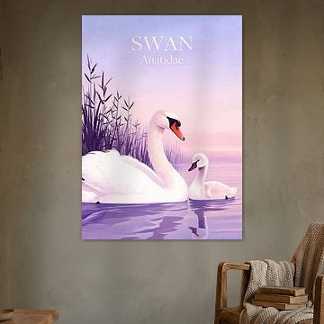 Ein wunderschöner Schwan und sein Küken auf dem Wasser von Artkreator