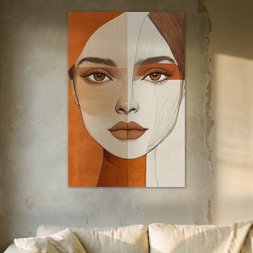 Symmetrie eines Frauengesichts in abstrakten Orangetönen von Eva Lee