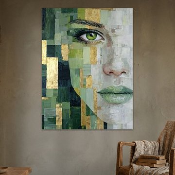 Green Gold Female Face – Abstract Modern Portrait by SPEQ ART