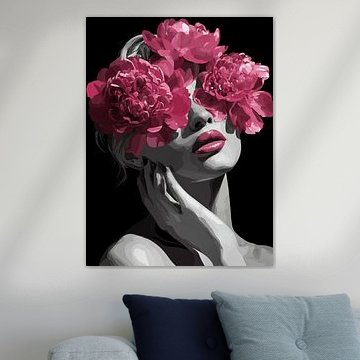 Sensual Portrait with Pink Flowers – Modern Floral Art: Woman by SPEQ ART