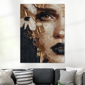 Abstract Portrait with Gold and Flowers – Luxury Feminine Art by SPEQ ART