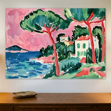 Mediterrane Küste mit Pinien und rosa Himmel von Niklas Maximilian