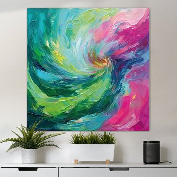Œuvre abstraite pleine de vie, dans des tons de bleu, de vert et de rose