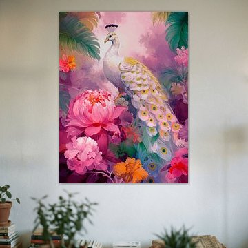 Ein eleganter weißer Pfau in einem traumhaften exotischen Garten von Studio Pieternel