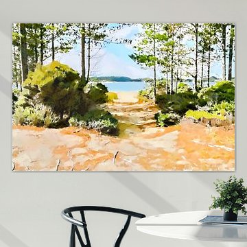 Ein Sandweg durch den Wald zu einer Bucht – Impressionistisches digitales Kunstwerk von VenVision Art