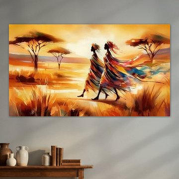 Afrikanische Frauen schreiten mit festem Schritt über die Savanne von ¡ guay !