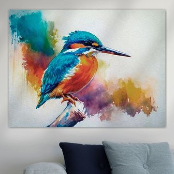 Farbenfrohes Vogelbild: Kleiner Eisvogel auf einem Baumstumpf (Aquarellstil)