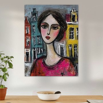 Texel Women's Portrait | Woman Against a Colourful Background by Abstract Painting
