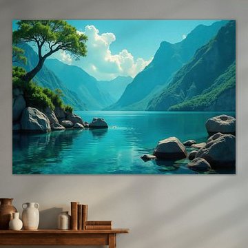 Lac de montagne avec des rochers sur la rive et des conifères sur Markus Gann