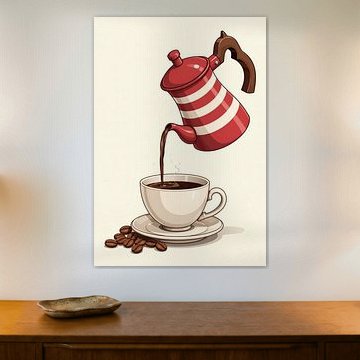 Une cafetière versant du café dans une tasse et une soucoupe, avec des grains de café sur Markus Gann