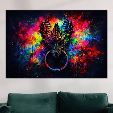 Mystical dragon door knocker in a neon splash style – abstract fantasy wall art featuring an explosion of colour