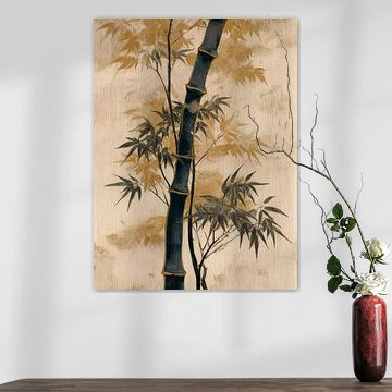 Japandi: Bamboo with gold leaves on a linen-textured background by Studio Pieternel