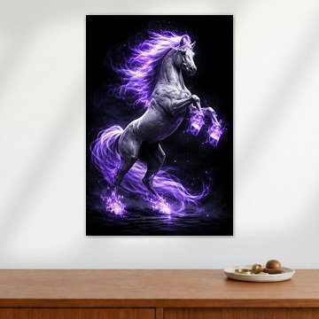 Aufbäumender Hengst mit einer Mähne in ätherischem Violett