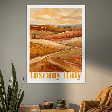 Affiche de voyage vintage représentant le paysage toscan, rehaussée de touches dorées