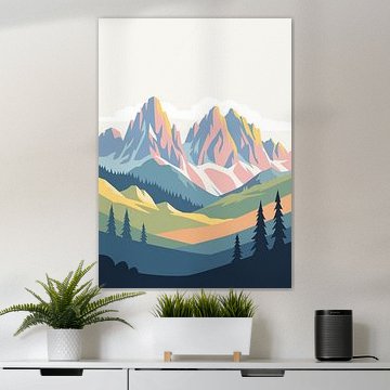 Minimalist flat vector illustration of majestic mountain peaks overlooking a serene valley with pine trees. by Adam Khabibi