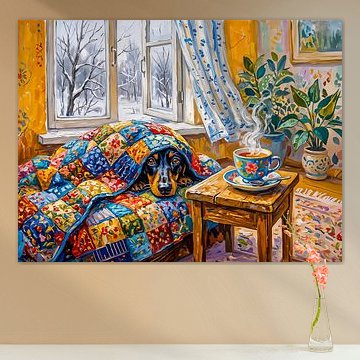 Gemütlicher Dackel, der auf einer Winterdecke aus Patchwork ruht von ArtMomente