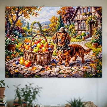 Un teckel assis près de pommes et de citrouilles dans un jardin d'automne sur ArtMomente