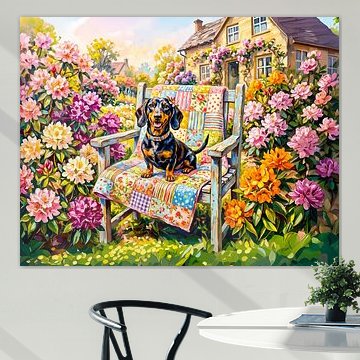 Dackel sitzt auf einer blumengeschmückten Gartenbank von ArtMomente