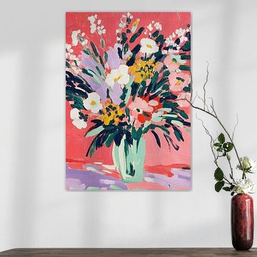 Bouquet de fleurs abstrait sur fond rouge corail sur Niklas Maximilian