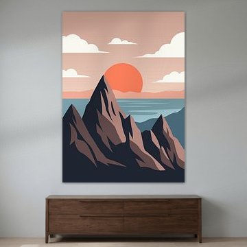 Minimalistische poster van een berglandschap met indrukwekkende bergtoppen, een rustige horizon aan zee en een warm ondergaande zon