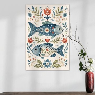 Poisson décoratif de style folk art avec des fleurs (IA) (thème marin, maison de plage, style côtier, joyeux)