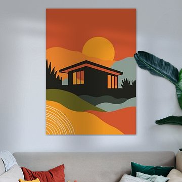 Illustration einer Hütte im Mid-Century-Modern-Stil mit einer großen Sonne, sanften Hügeln und einer lebhaften Retro-Farbpalette