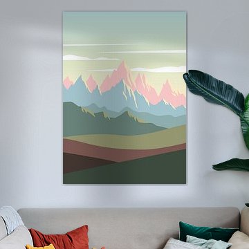 Minimalistische Vektorillustration einer flachen Naturlandschaft mit farbenfrohen, übereinanderliegenden Bergketten unter einem sanften Pastellhimmel.