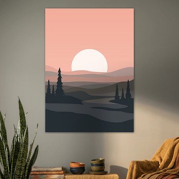 Minimalistisches Poster mit einer Berglandschaft, das einen Sonnenaufgang und geschichtete Hügel in sanften, erdigen Farbtönen zeigt.