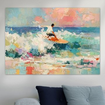 Surfer auf einer bunten Welle bei Sonnenuntergang von Niklas Maximilian