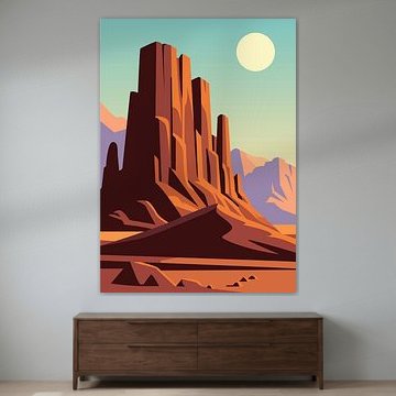 Minimalist poster illustration vector of desert canyon with towering red rock formations under soft sunlight and pastel sky