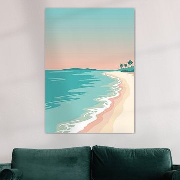 Minimalist flat vector illustration of a tropical beach with turquoise waves and palm tree silhouettes.