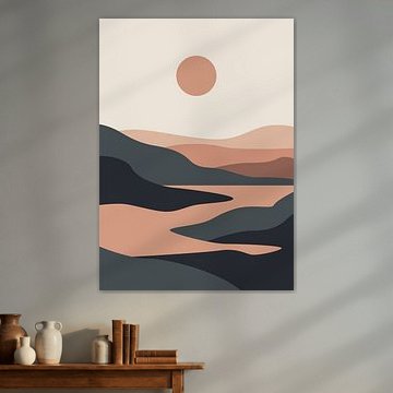 Minimalist landscape vector of winding river valleys and layered mountain silhouettes in muted earthy tones.