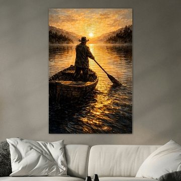 Man rowing boat sunset landscape oil painting by Faheem Beigh